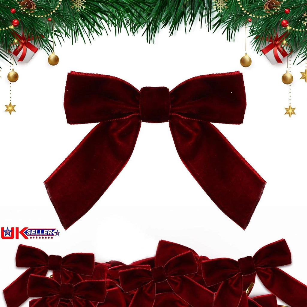 12Pcs Wine Red Velvet Bows with Twist Ties for Christmas Tree Decoration