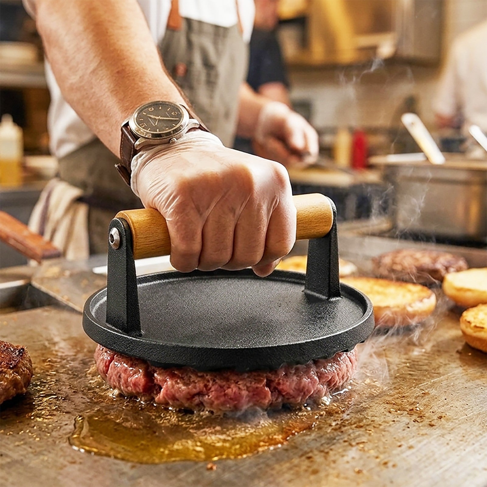 Burger Press Cast Iron 6.9" Heat Resistant Wood Handle BBQ Meat Grill Smash Tool