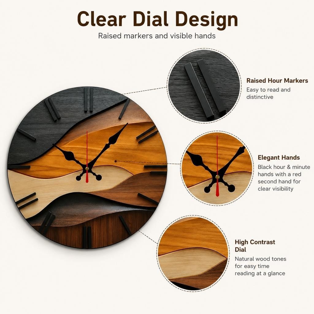 Modern Nordic Wooden Wall Clock Silent Quartz Movement 25cm Round Wall Clock
