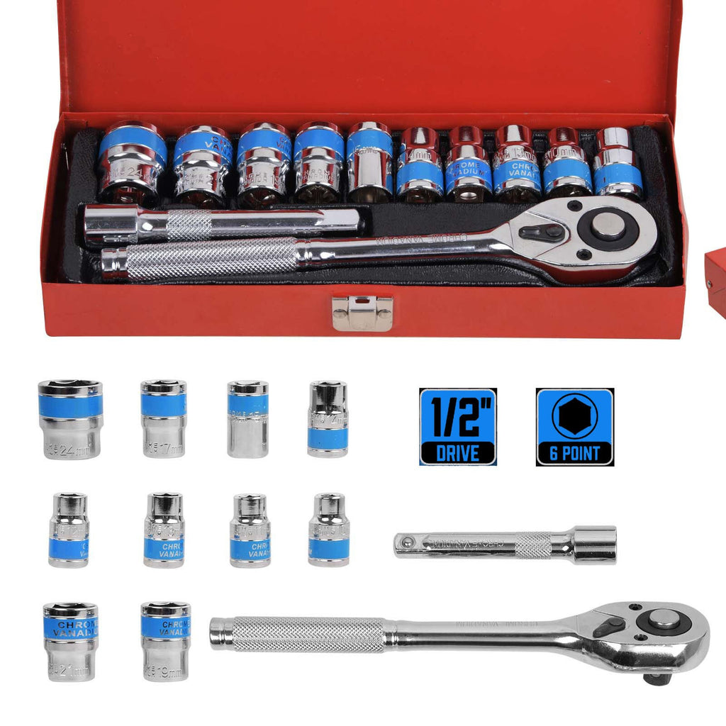 12Pc 1/2'' Socket Set 10-24mm Metric Drive Extension Ratchet Wrench Steel Case