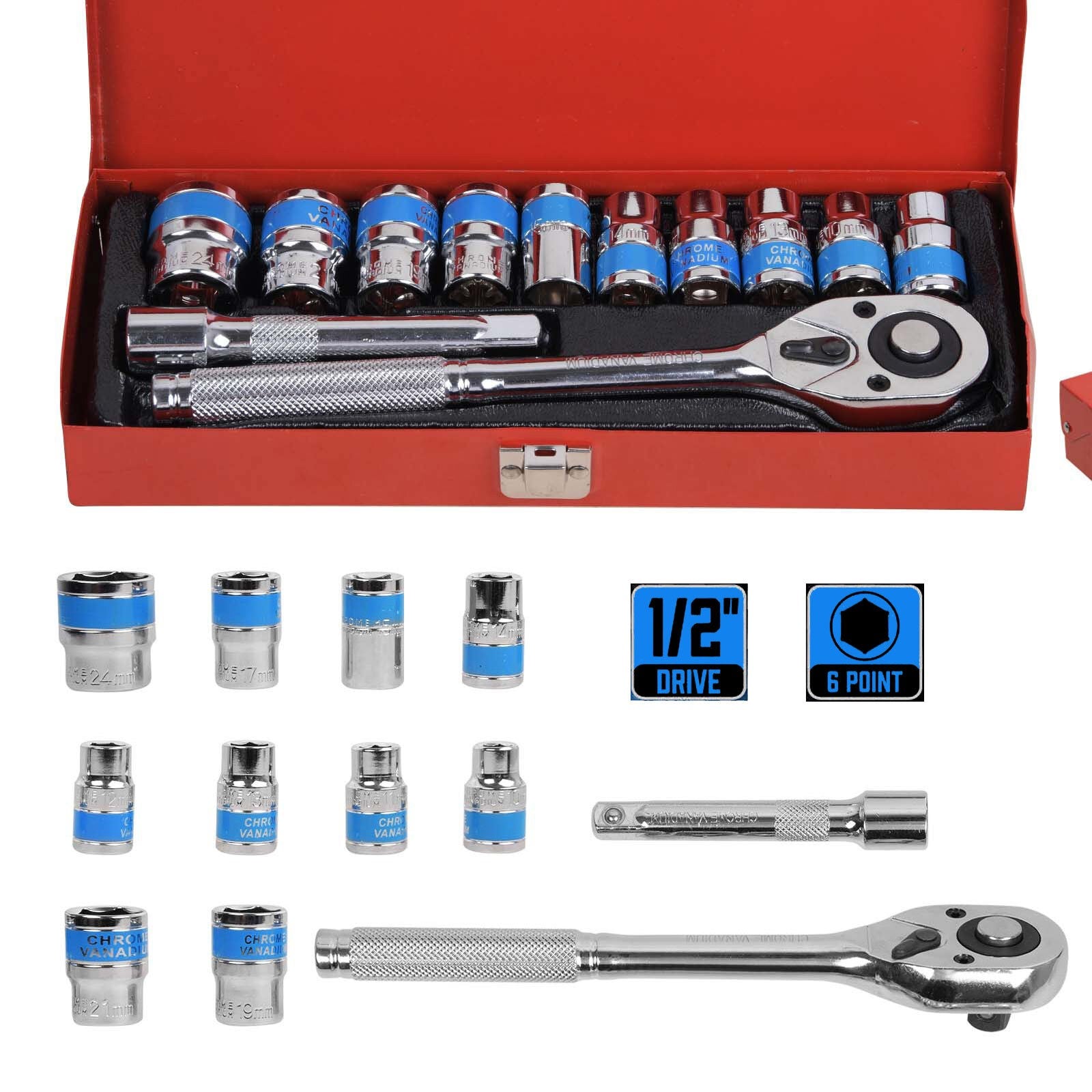 12Pc 1/2'' Socket Set 10-24mm Metric Drive Extension Ratchet Wrench Steel Case