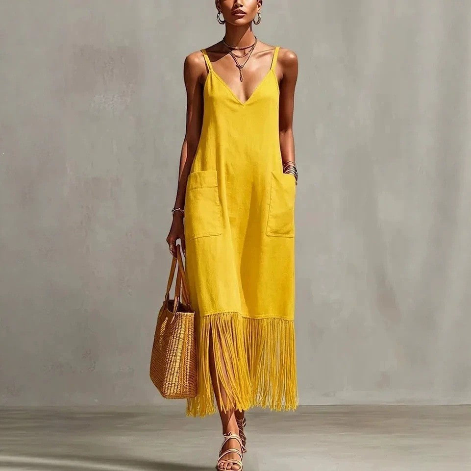 Womens Solid-Color Tassel-Hem Dress