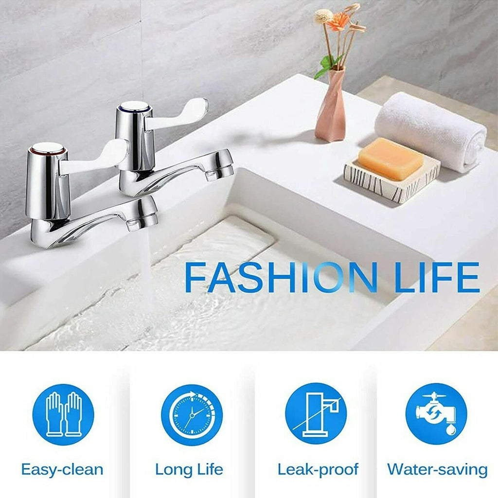 1x Pair Basin Sink Pillar Taps Disabled Lever 1/4 Turn Chrome 1/2" Hot Cold Set