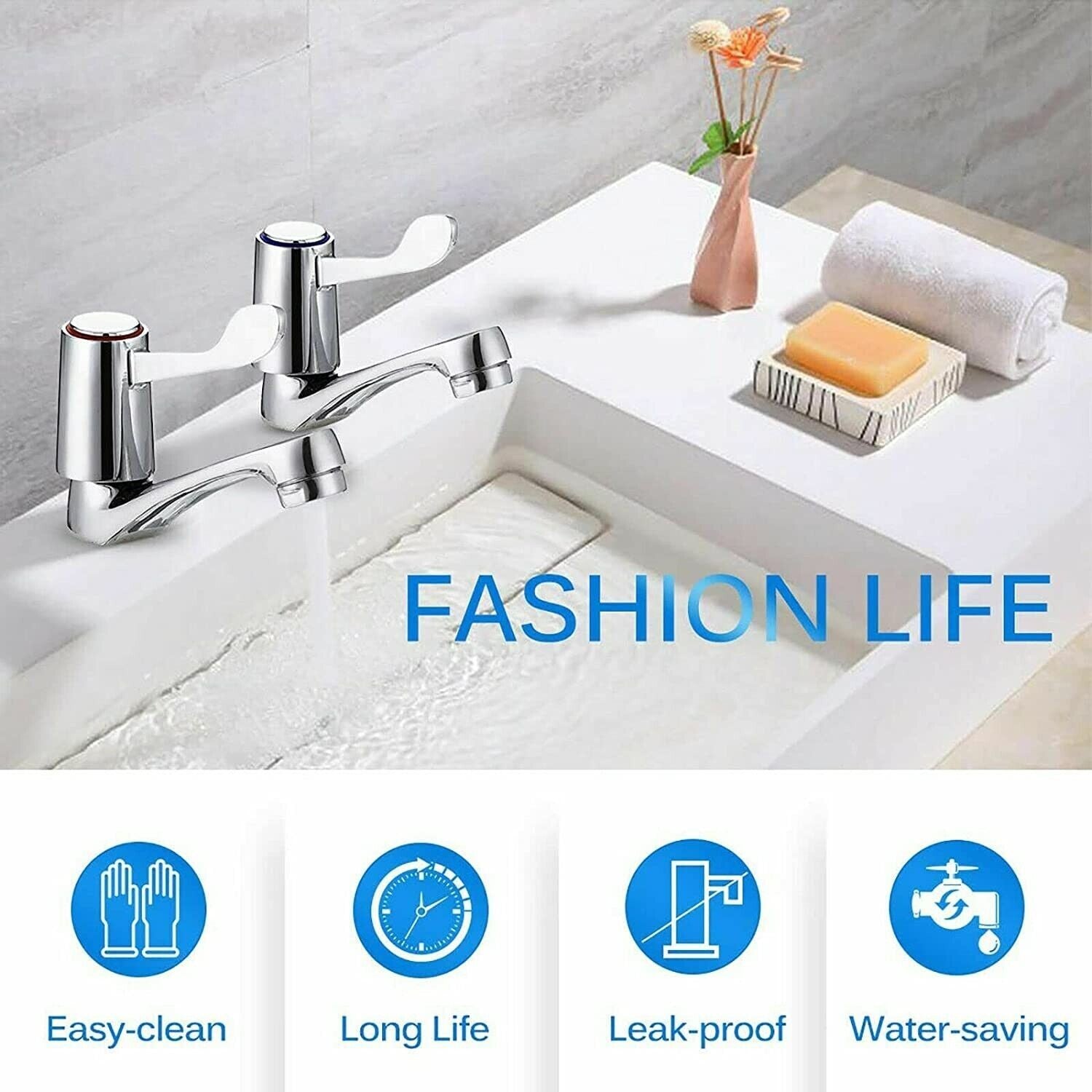 1x Pair Basin Sink Pillar Taps Disabled Lever 1/4 Turn Chrome 1/2" Hot Cold Set