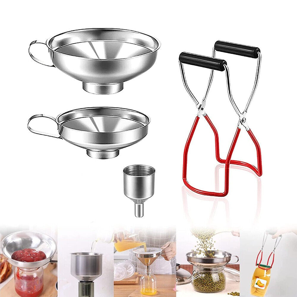 Stainless Steel Funnel Can Lifting Tongs Set Canning Hoppers Filter Jar Lifter