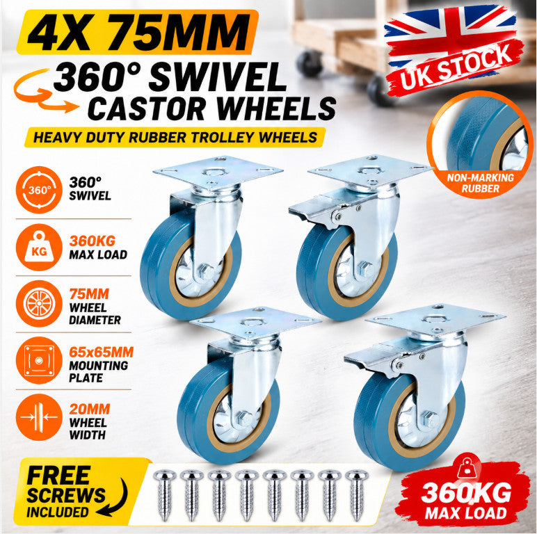 4Pcs 75mm Heavy Duty Rubber Castor Wheels Full 360° Swivel Trolley Casters
