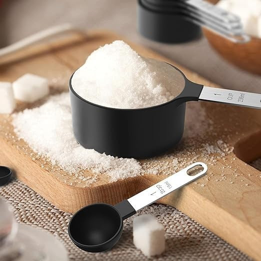 8-Piece Black Measuring Cups & Spoons Set Stainless Steel Handles Baking Cooking