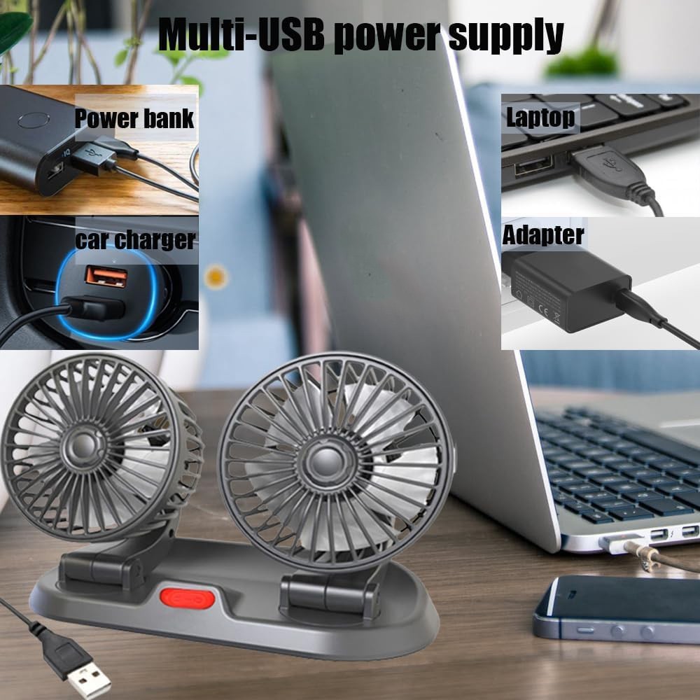 Dual Head USB Car Fan Portable Vehicle Truck 360° Rotatable Auto Cooling Cooler
