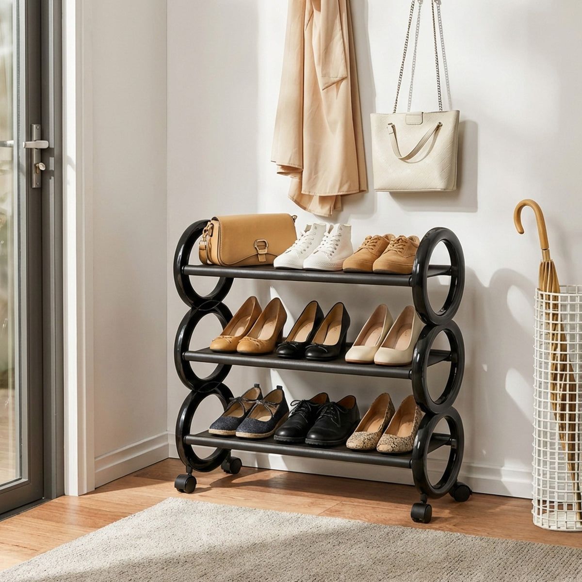 3-Tier Rolling Shoe Rack with Wheels,Circular Design Metal Storage Shelf