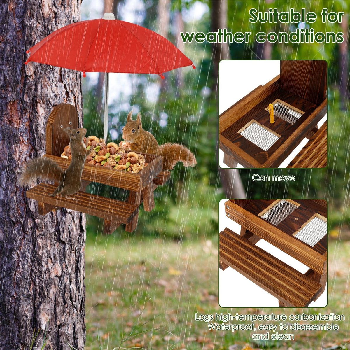 Carbonized Wood Squirrel Feeder Waterproof Chipmunk Feeder with Red