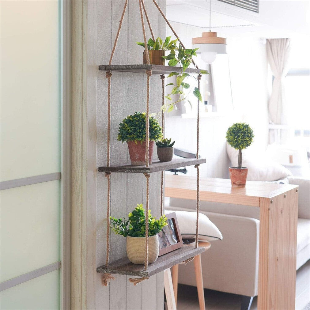 3 Tiers Boho Hanging Wall Shelves Swing Rope Floating Shelf Window Plant Hanger