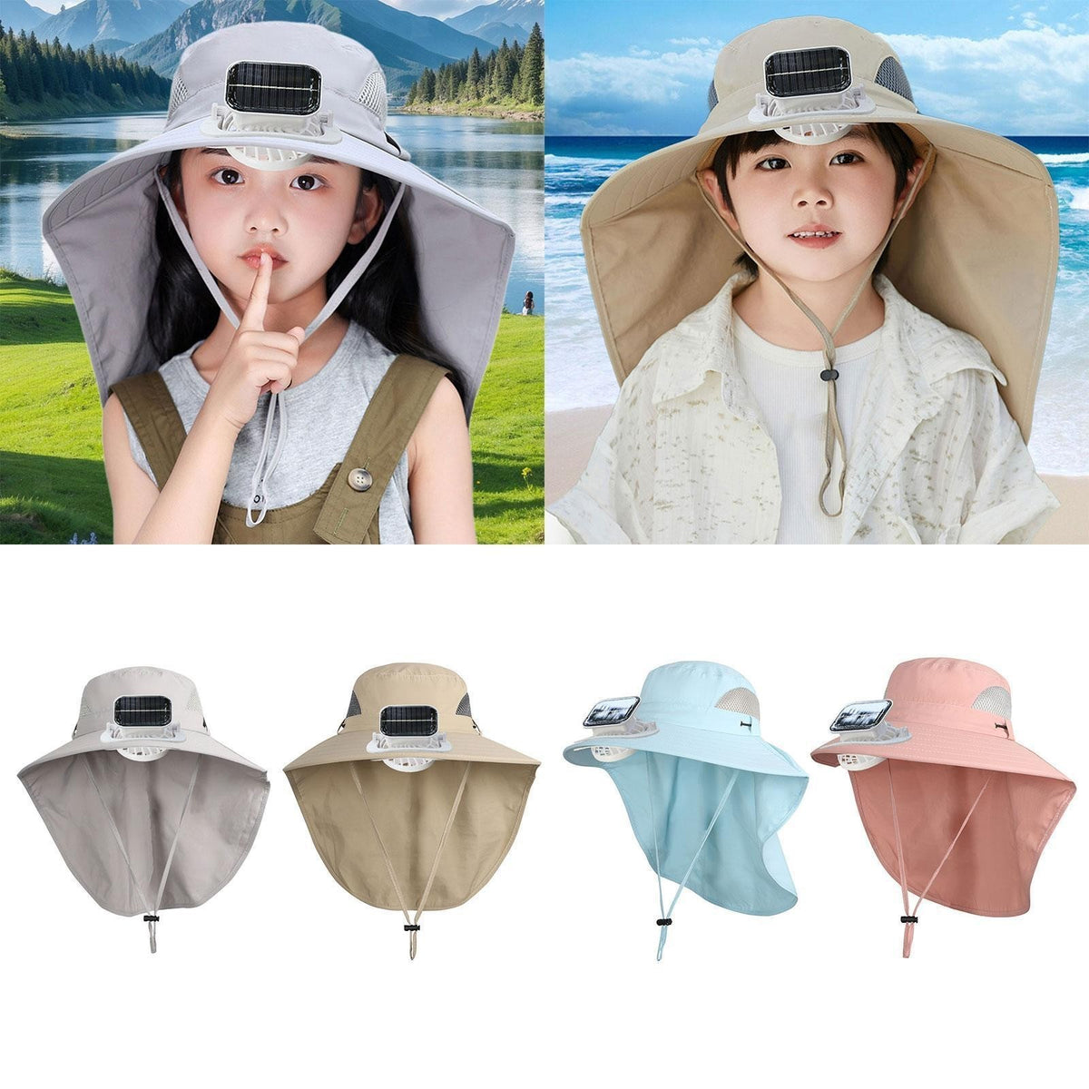 Kids Wide Brim Hat with Solar Fan Sunscreen Cooling Hat for Boys Girls