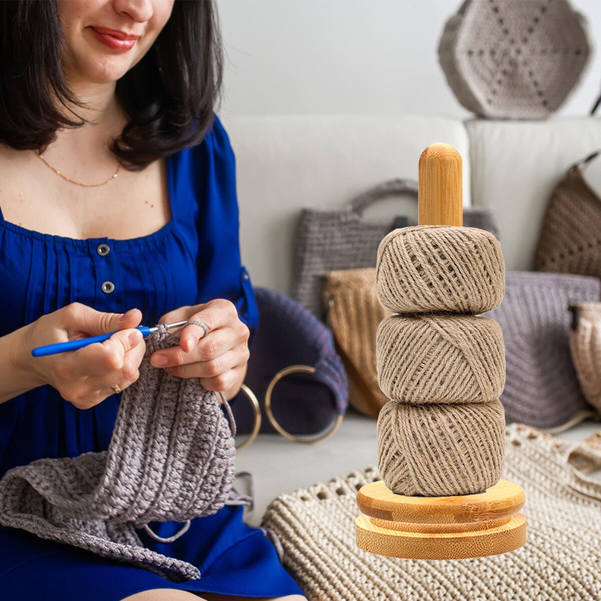 Wooden Yarn Holder Rotatable Bamboo Yarn Skein Spinner Revolving Knitting Tools