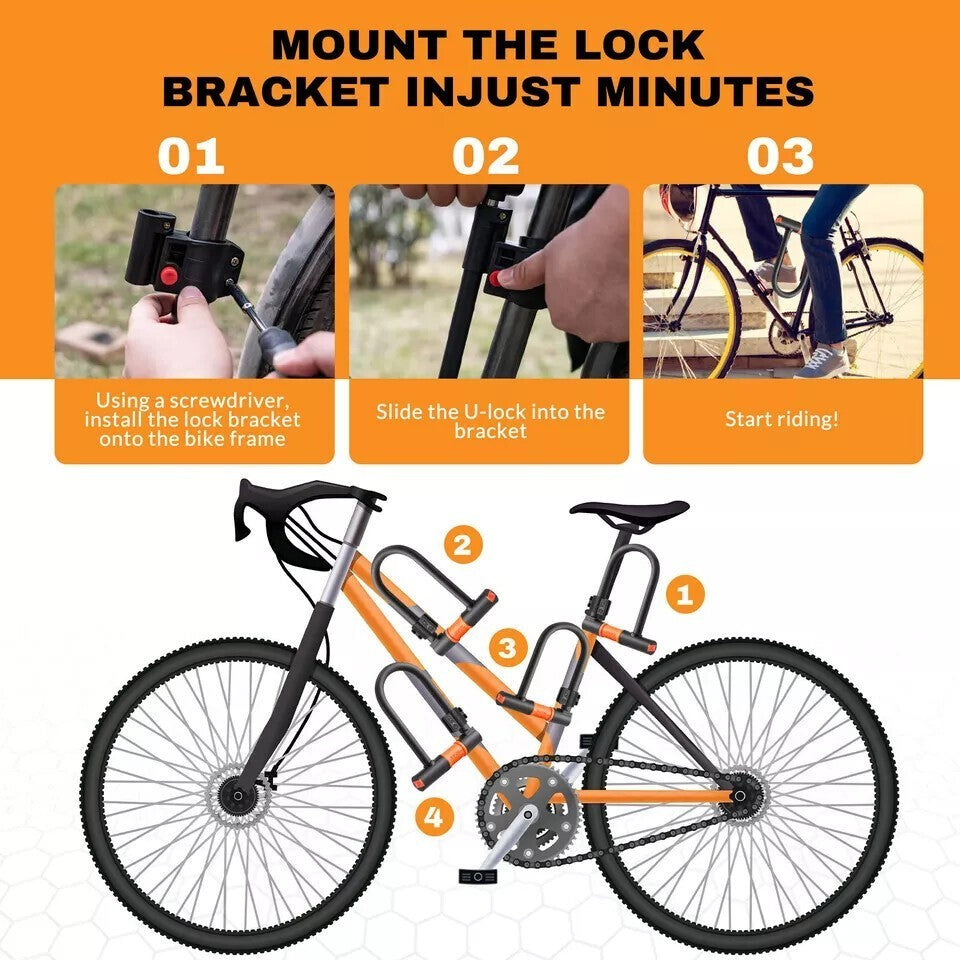 U Shaped Bike Lock With Two Keys Heavy Duty Cable With Bracket Bicycle D Lock UK