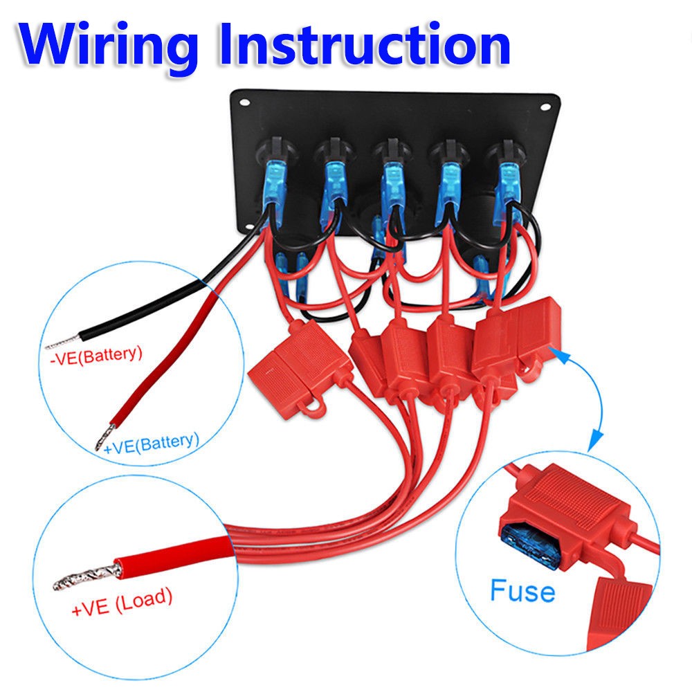 5 Gang 12V/24V Inline Fuse Box LED Switch Panel Dual USB Car Boat Truck Camper