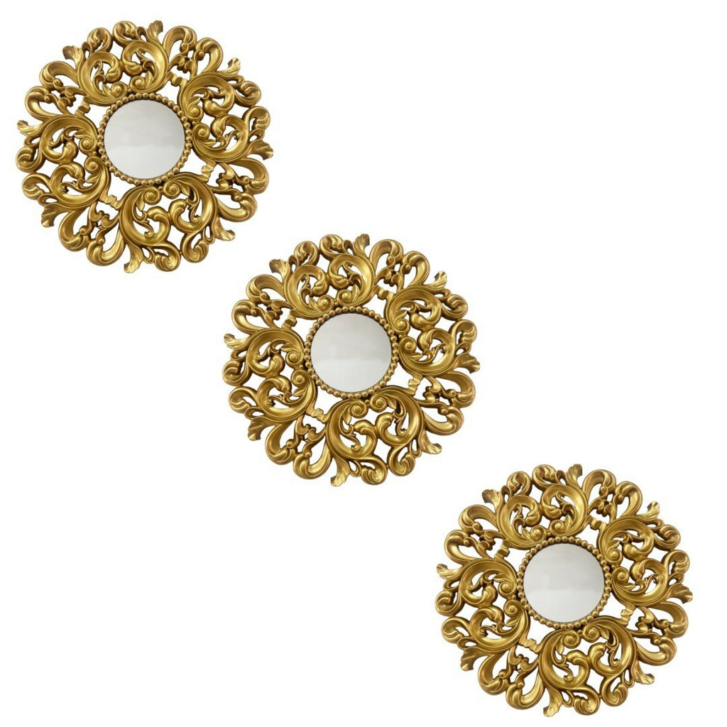 3x Wall Hanging Vintage Mirrors Antique Golden Mirrors with Square Plastic Frame