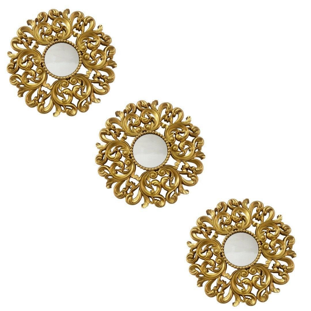 3x Wall Hanging Vintage Mirrors Antique Golden Mirrors with Square Plastic Frame