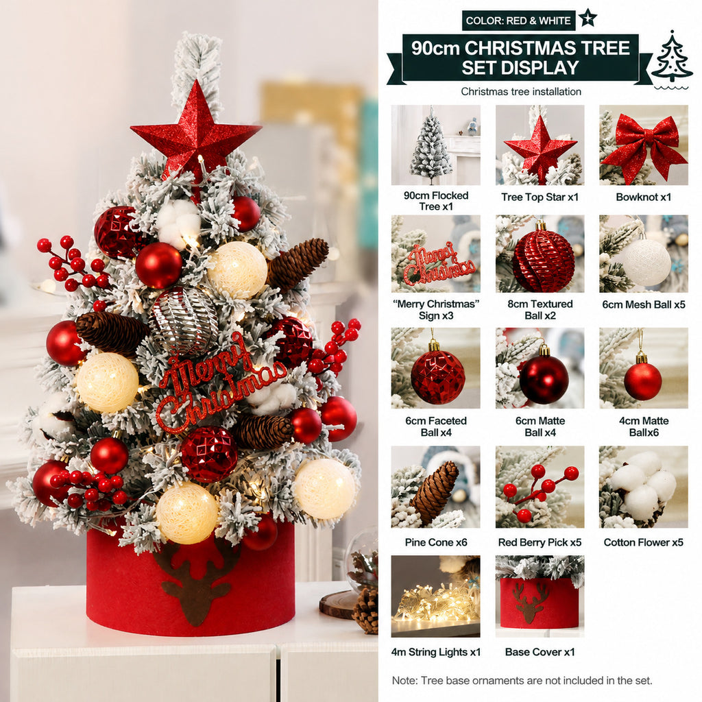 90cm Christmas Tree Pre Decorated Mini Tabletop Xmas Tree LED Lights Decoration