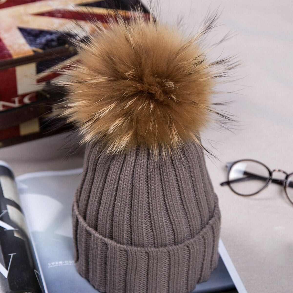 Womens Warm Winter Hat Genuine Fur Pom Pom 15cm Ball Knit Beanie Ski Caps