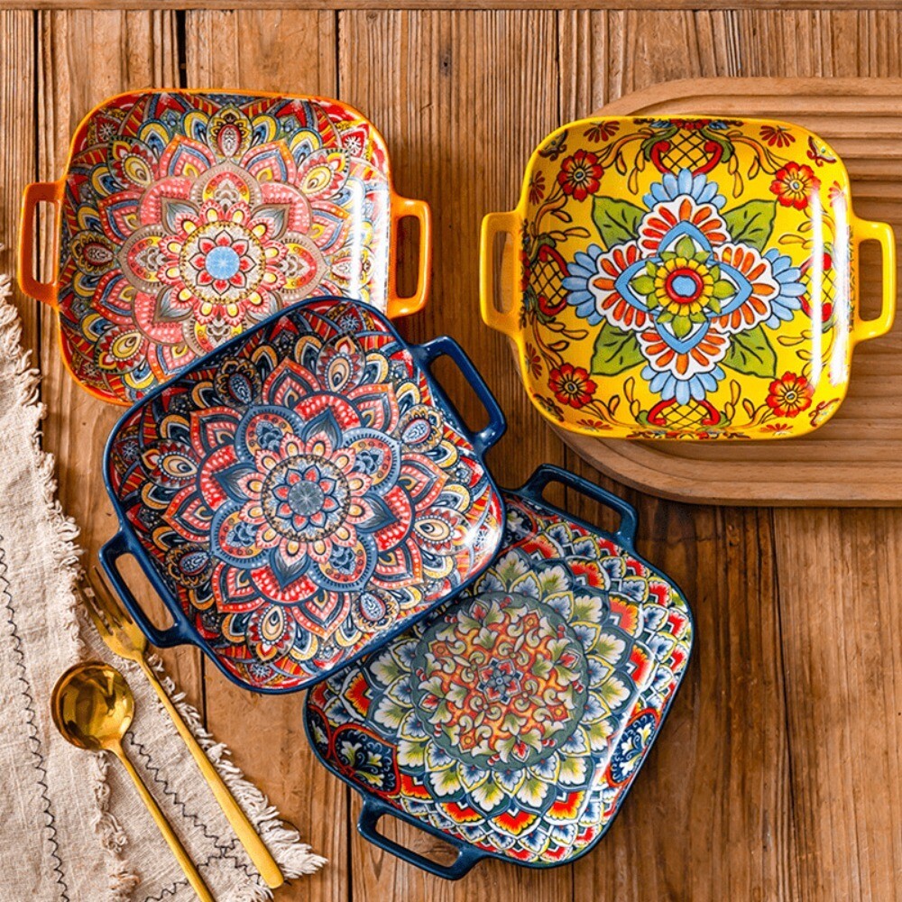 Square Bohemian Ceramic Plate Colorful Salad Dish Dinner Plate Microwave
