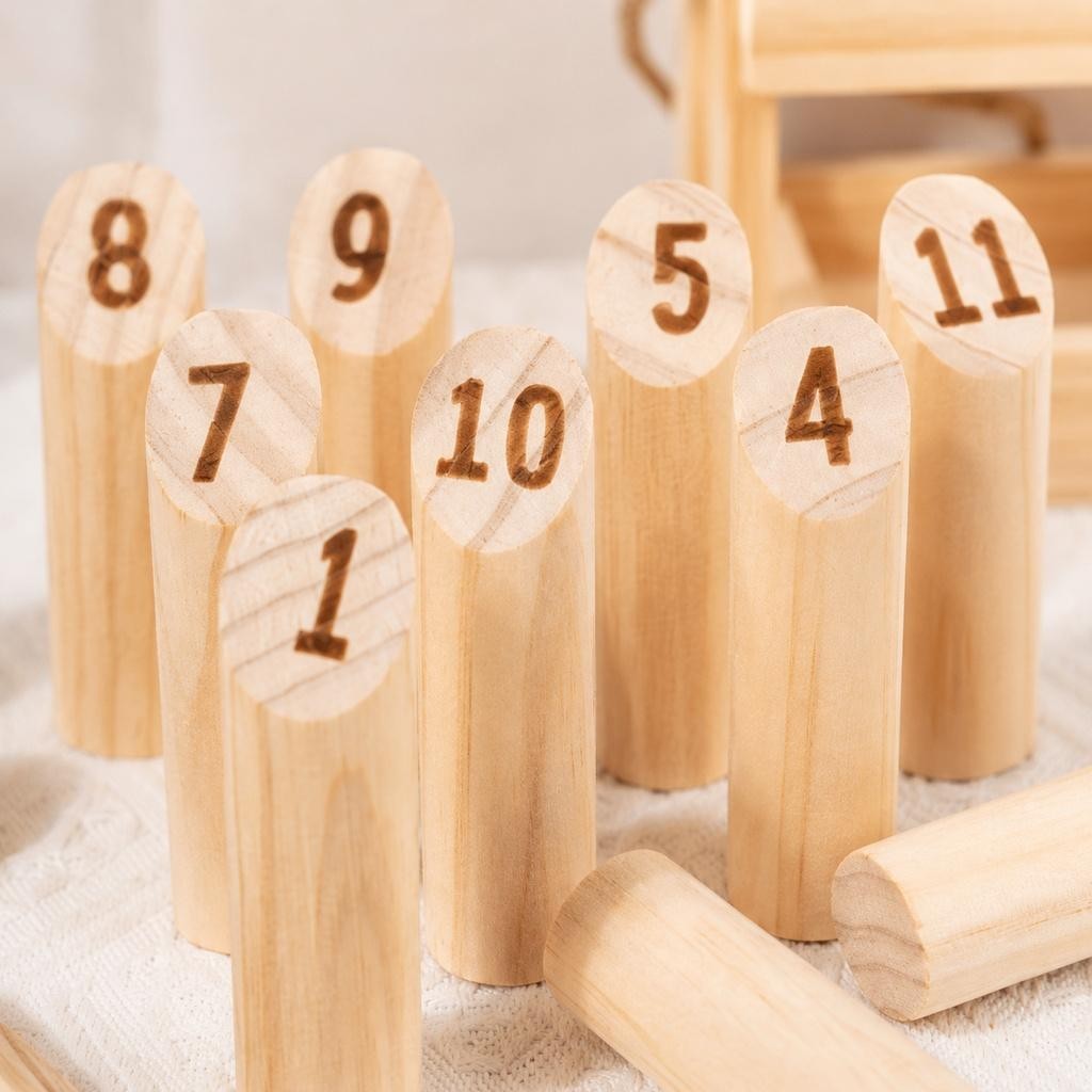 Wooden Molkky Game Set with Storage Box for Outdoor Family Fun and Play