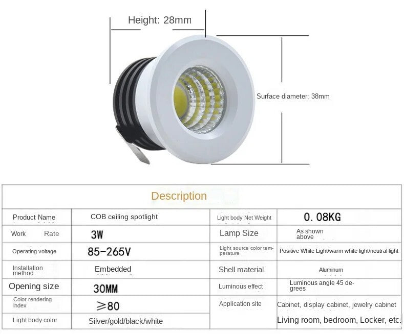 5pcs LED Recessed Small Ceiling Lights Cabinet Mini Spot Downlight 3W Decor Spot