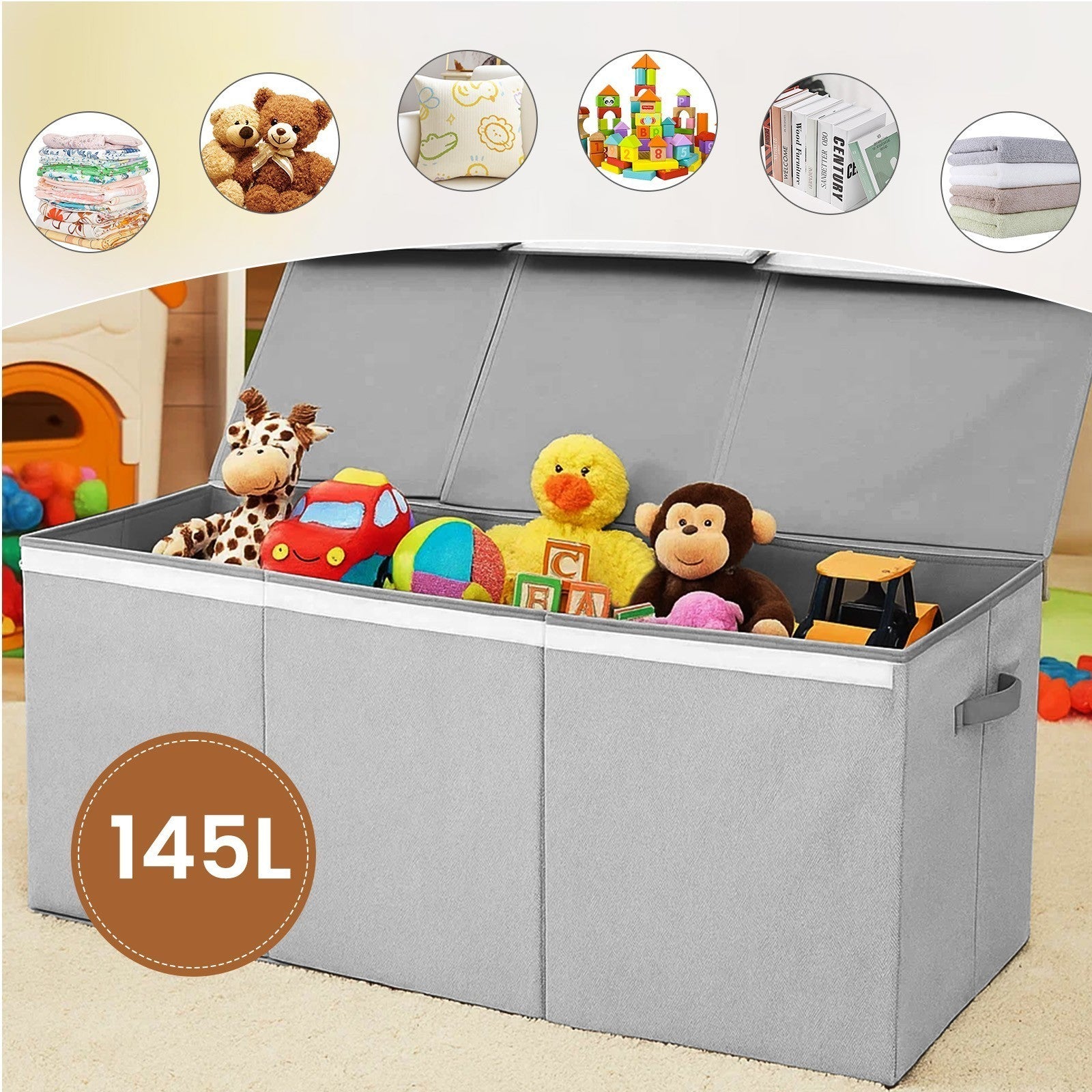 145L Toy Storage Box Large Foldable Kids Toy Chest & Box Toy Organiser