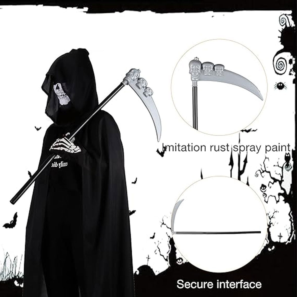 2026 New Adult Grim Reaper Costume Black Hooded Cloak Mask Gloves Scythe Set UK