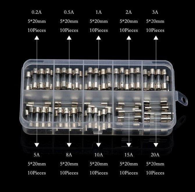 100Pcs 5x20mm Quick Blow Glass Tube Fuse Kit Fast Action Assorted Electronic
