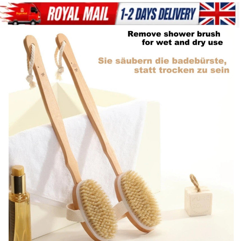 2x Wooden Long Handle Body Brush for Shower Bath Back Scrubbing NEW 2026