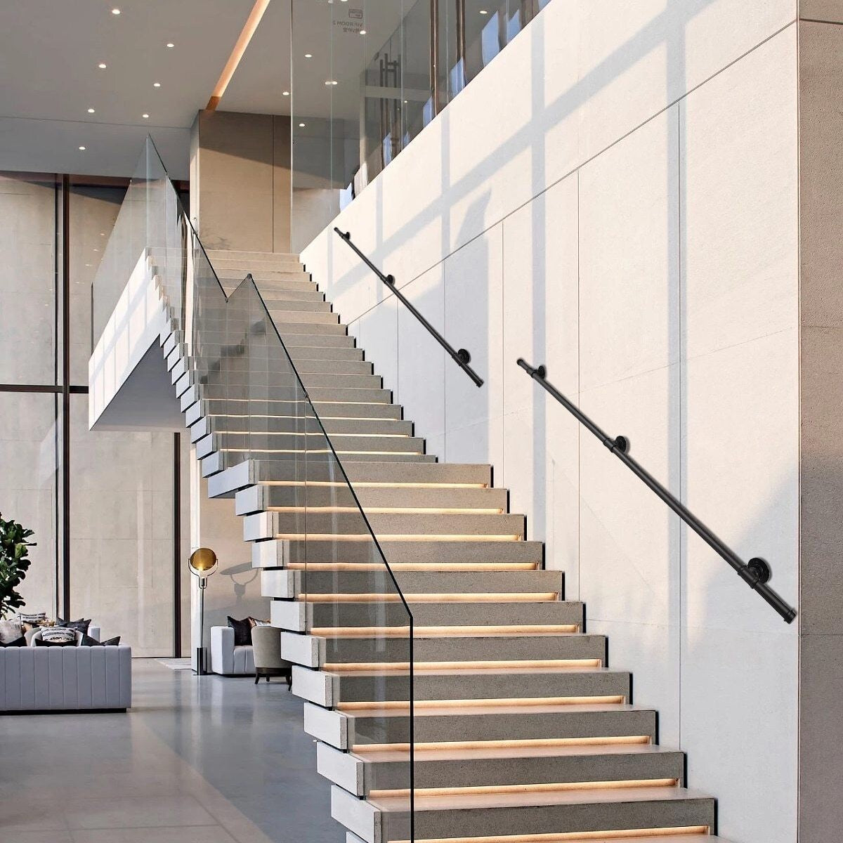 Industrial Pipe Stair Handrail Wall Mounted Grab Rail Staircase Banister Support