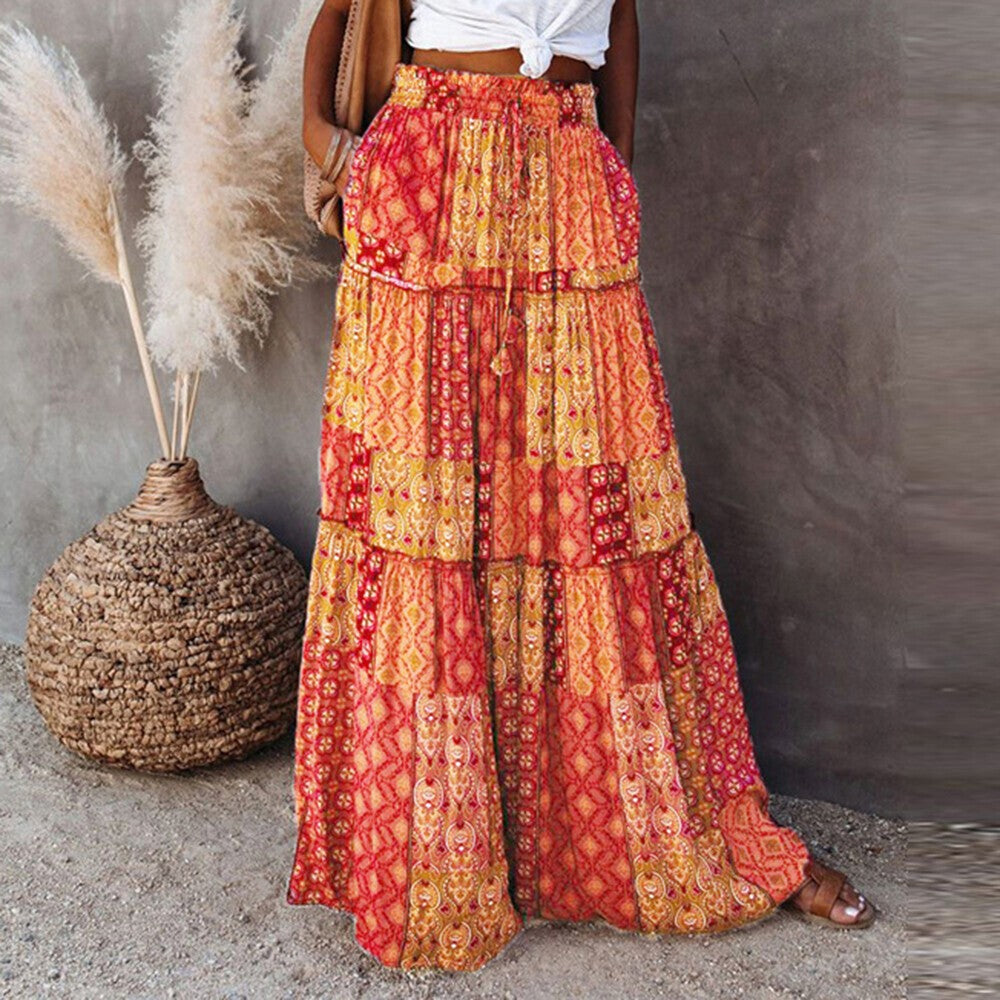 Women Bohemian High Waist Long Skirt Ladies Holiday Swing Baggy Boho Maxi Skirts