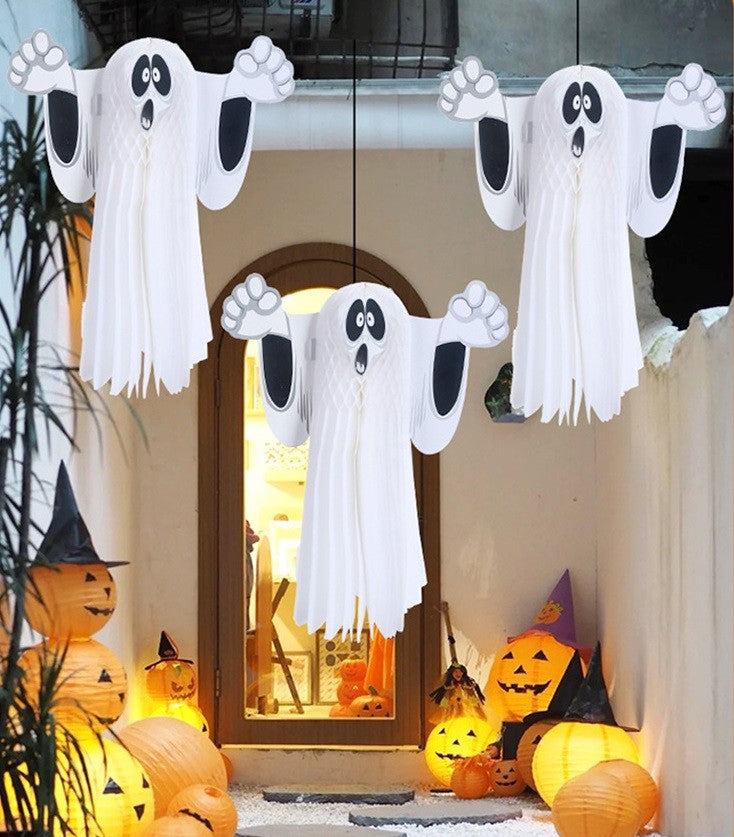 3 x 37cm Halloween Paper 3D Hanging Decorations Scary Black and White Ghost UK
