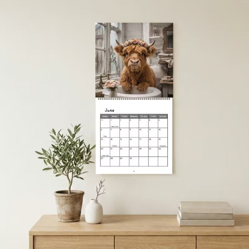 Highland Cow Calendar 2027, Watercolour Cows Monthly Planner Scottish Wall Decor