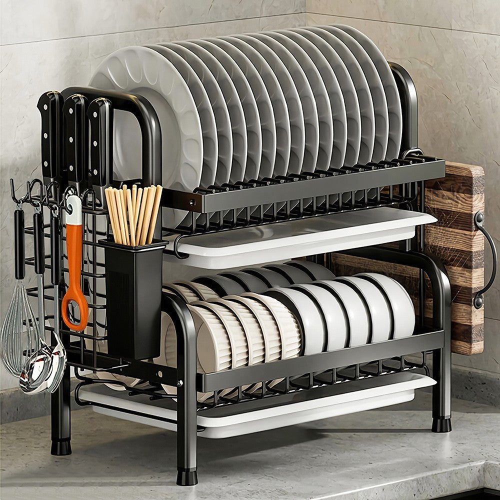 2 Tiers Large Dish Drainer Plate Rack Dryer Knives Cutlery Holder with Drip Tray