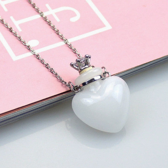 Vial Necklace, Stainless Steel Glass Heart Perfume Bottle 29mm, Light Blue