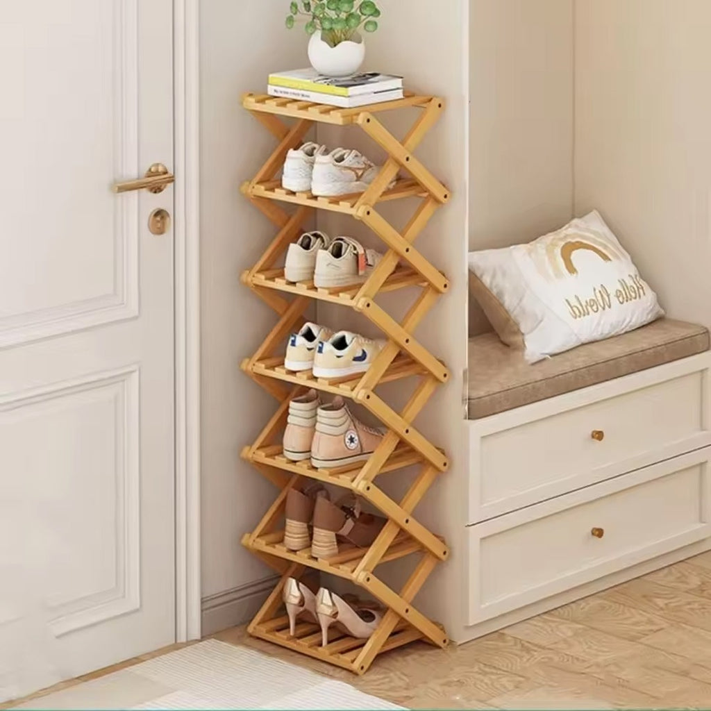 7 Tier Vertical Bamboo Folding Shoe Rack Storage Organizer Stand Corner Shelf UK