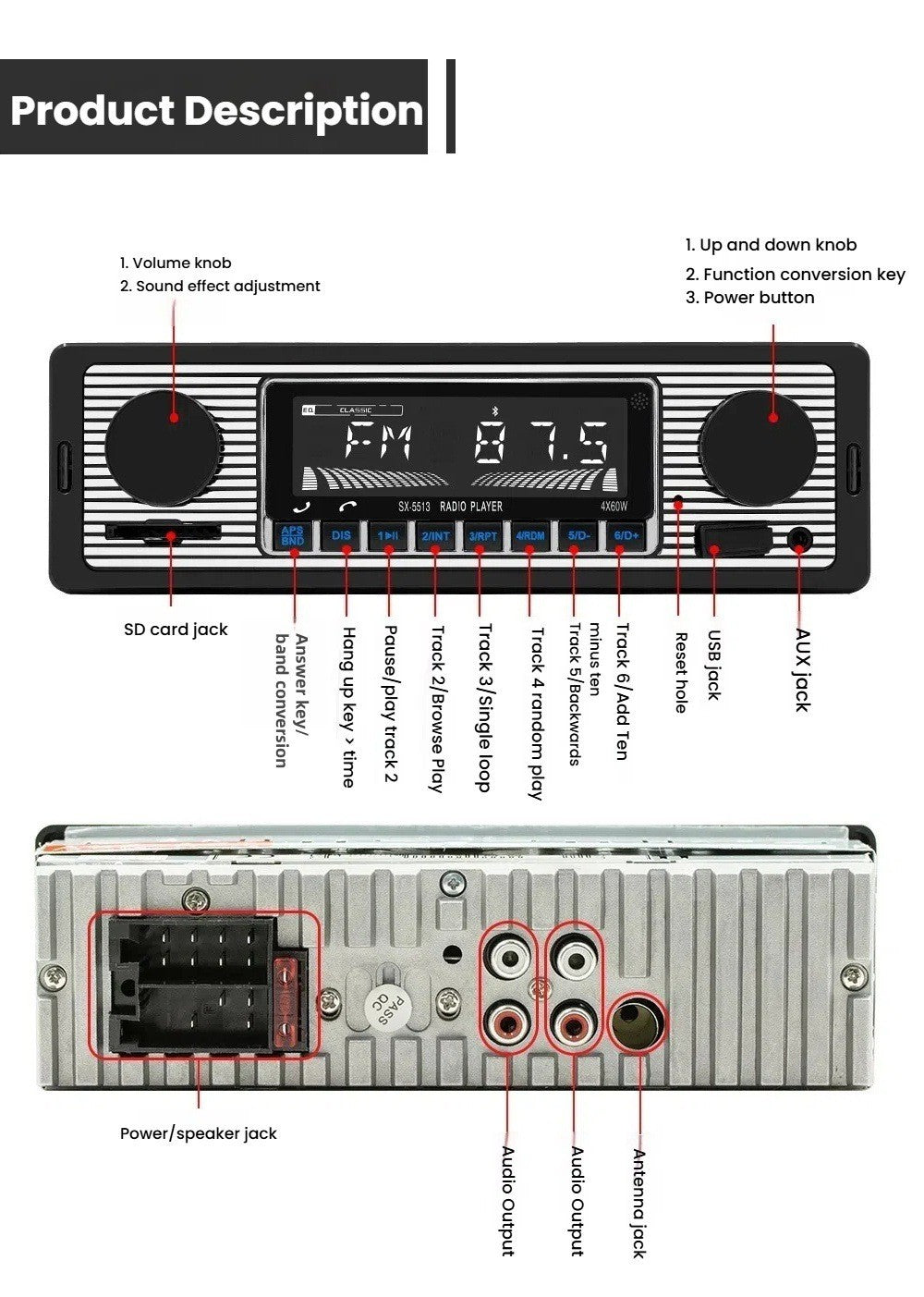 Classic Retro Car Bluetooth Compatible Radio MP3 Player Stereo USB/AUX/SD/ISO/FM