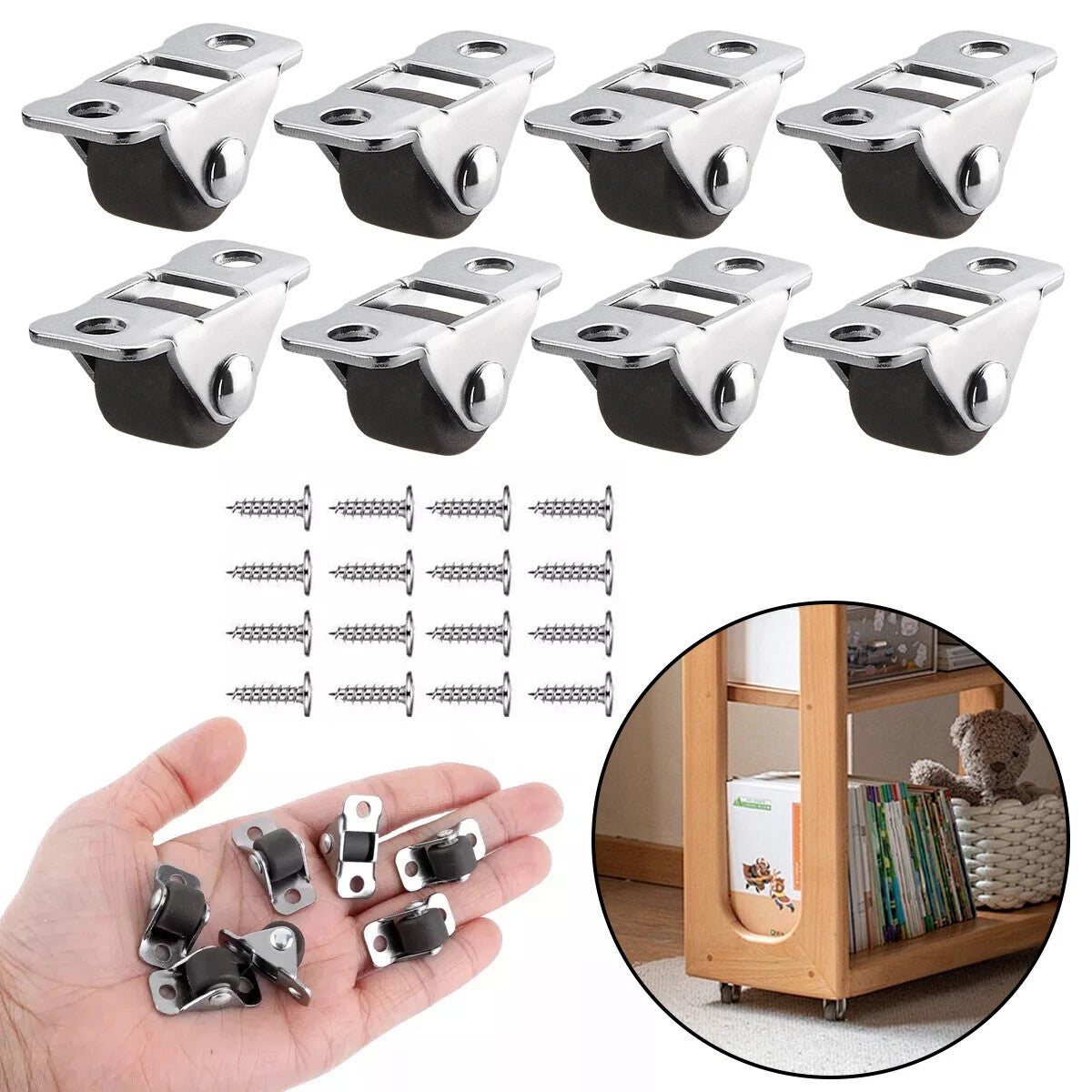 8pcs Mini Caster Wheels Little Rubber Rolling Wheels Low Profile Swivel Casters