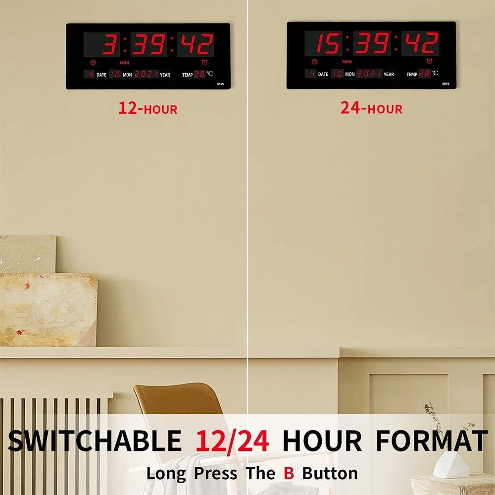 Large Jumbo Digital LED Wall Clock Desk Alarm Calendar Temperature Humidity Date