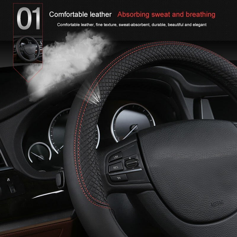 Black 38cm Car Steering Wheel Cover Leather Universal Anti-Slip Sport styling
