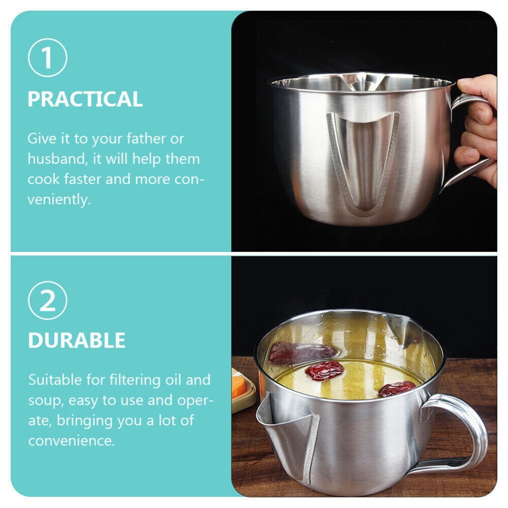 1000ml Stainless Steel Gravy Fat Separator Bowl Oil Soup Strainer Kitchen Tool
