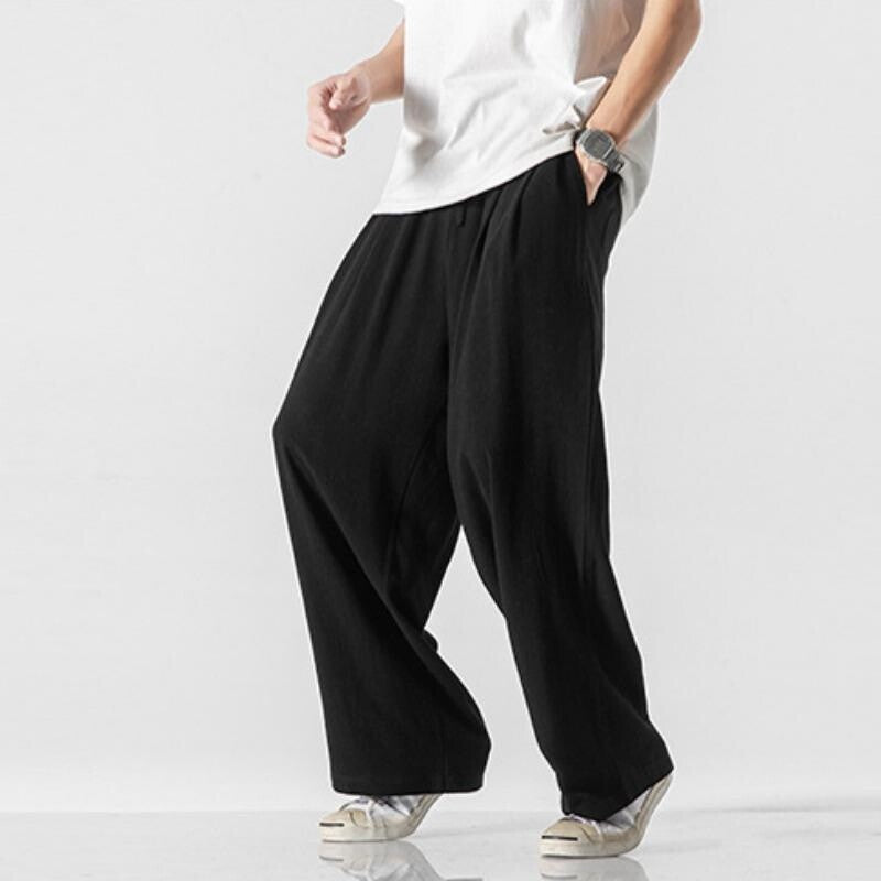 Men Wide Leg Pants Drawstring Trousers Summer Breathable Chinese Style Casual
