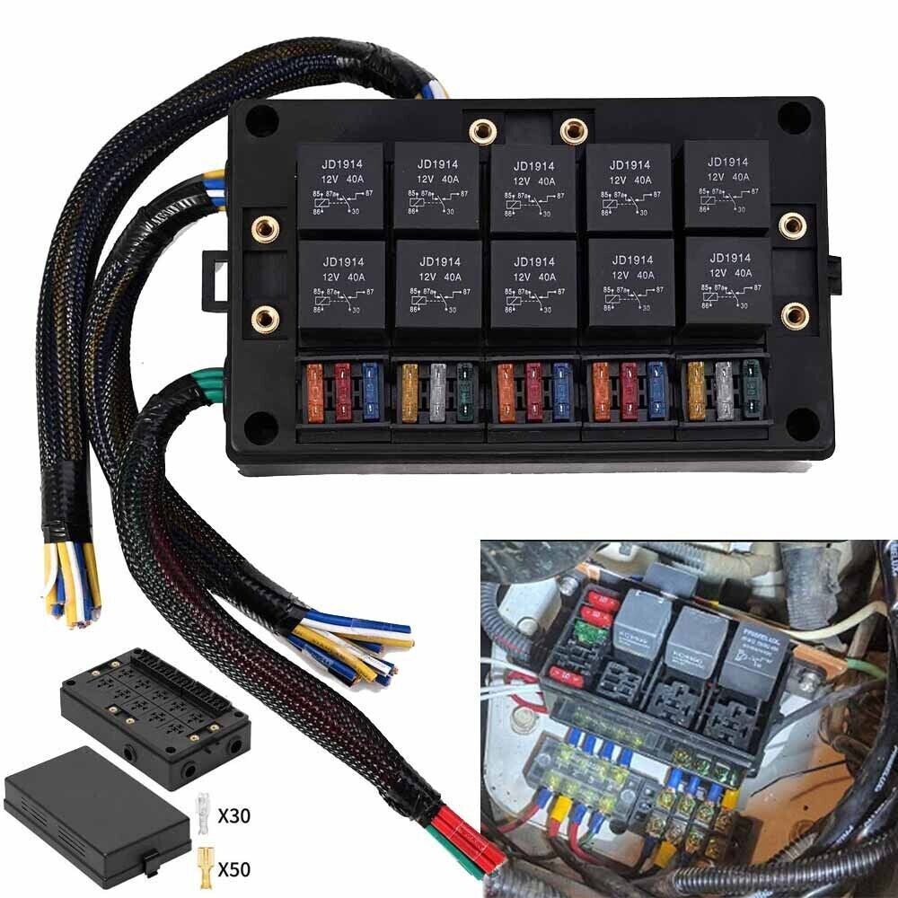 12V Pre-Wired Fuse Relay Box with 10X 5-Pin 40A Relays and 15X Slot for Auto RV