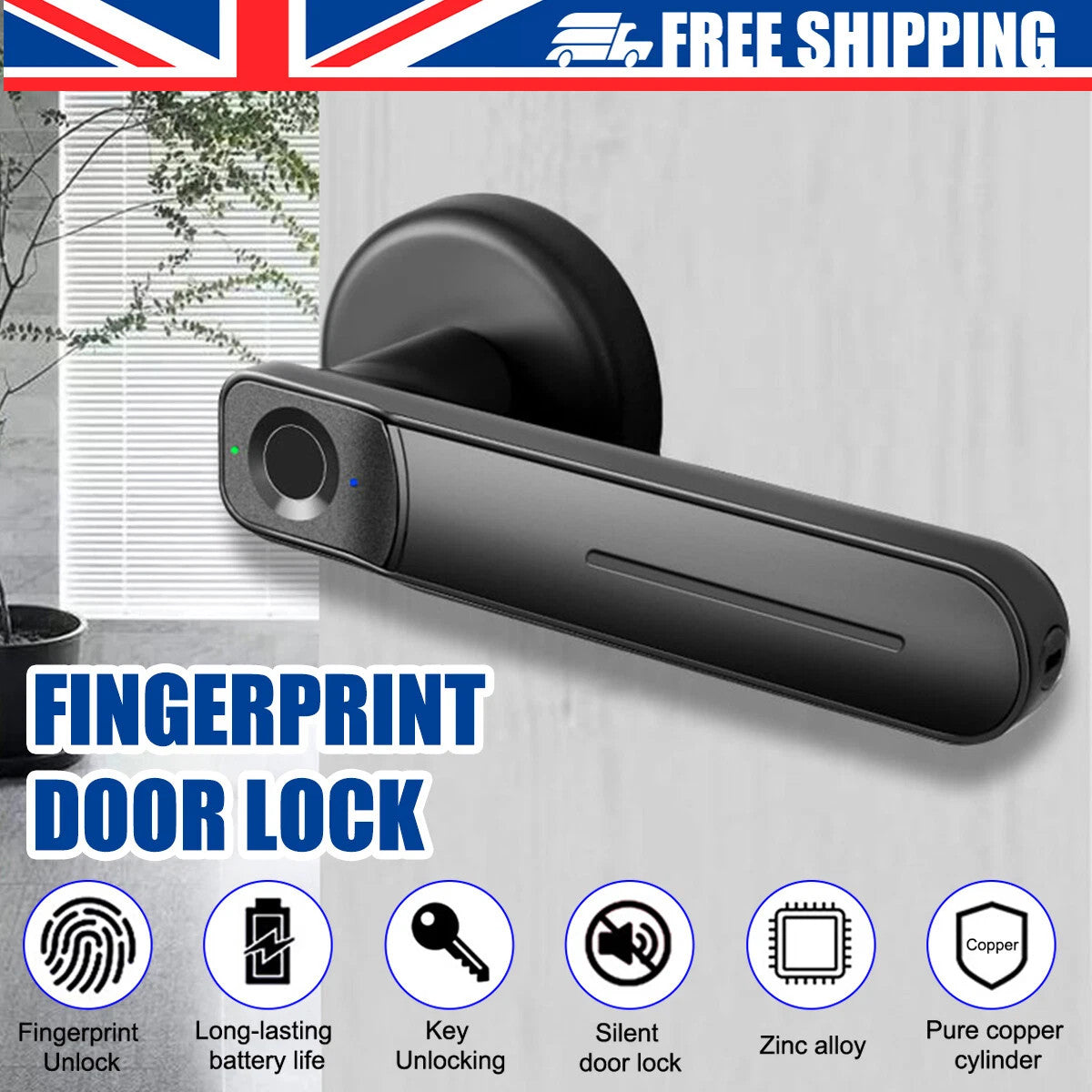 Smart Fingerprint Electronic Door Lock Security Biometric Door Handle with 2Keys