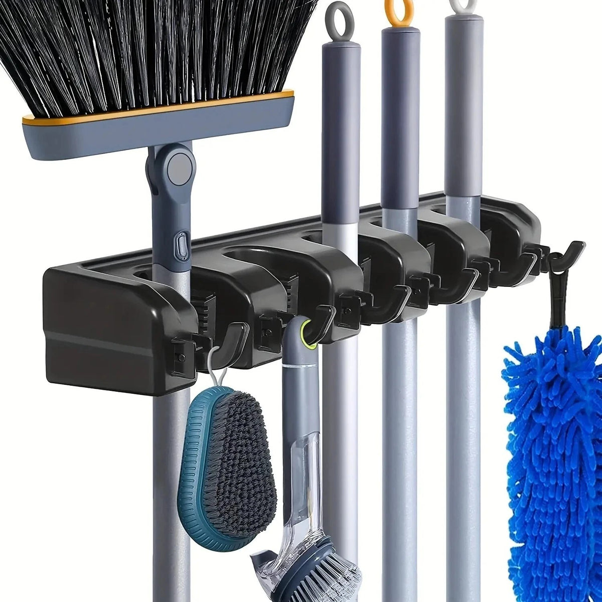 Wall Mounted Mop Broom Holder 5 Slots Heavy Duty Kitchen Cleaning Tool Organizer