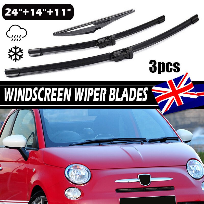 3PCS 24" 14" 11" Front & Rear Windscreen Wiper Blades Set For Fiat 500 Ford KA