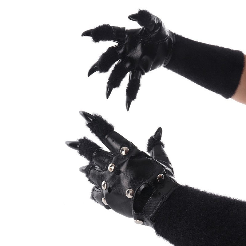 Fursuit PU Leather Fur Gloves Animal Paw Gloves Beast Claws for Party Cosplay