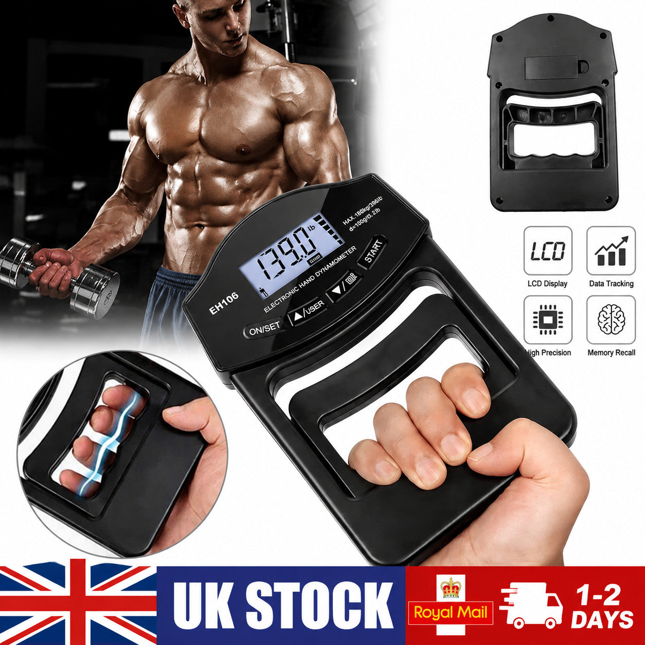 396Lbs/180Kg Hand Dynamometer Grip Strength Trainer Electronic Tester Tool UK