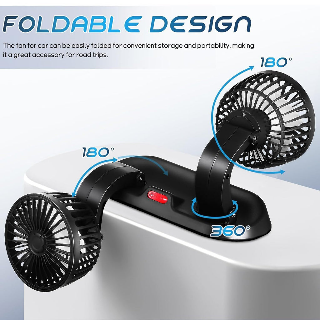 Dual Head USB Car Fan Portable Vehicle Truck 360° Rotatable Auto Cooling Cooler